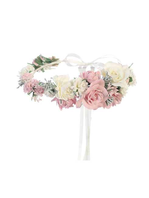 Girls Pink White Big Central Flower Ribbon Back Special Occasion Floral Crown - SophiasStyle.com