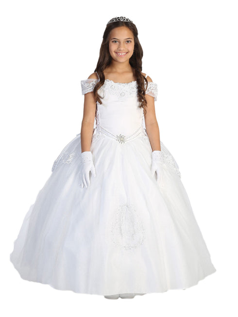 Tip Top Kids Big Girls White Glitter Virgin Mary Embroidery Communion Dress 7-18 - SophiasStyle.com