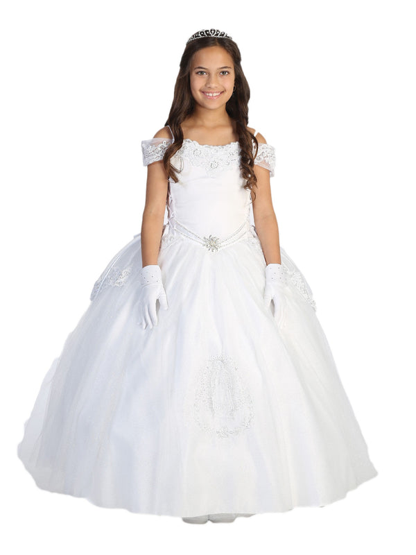Tip Top Kids Big Girls White Glitter Virgin Mary Embroidery Communion Dress 7-18 - SophiasStyle.com