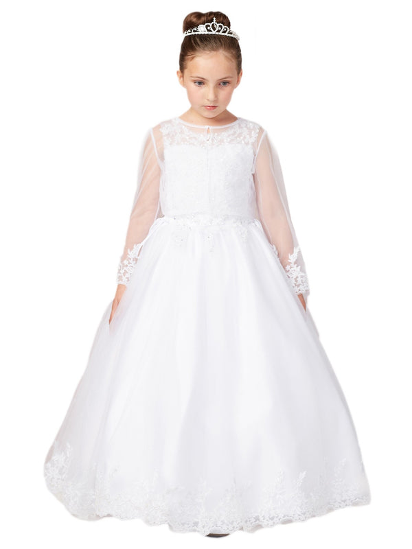 Big Girls White Embroidered Lace Hem Mesh Bolero Plus Size Communion Dress 6-20X - SophiasStyle.com