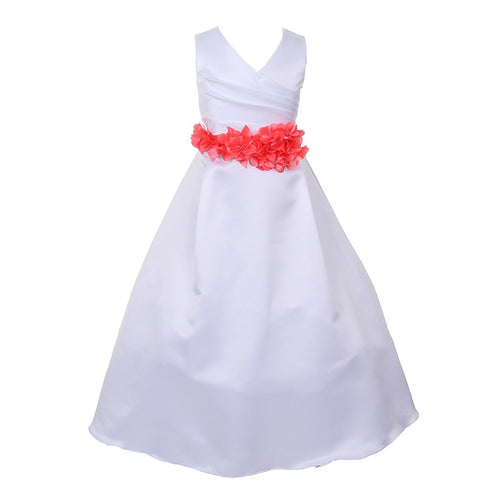 Big Girls White Coral Flower Sash Full Bridal Junior Bridesmaid Dress 16 - SophiasStyle.com