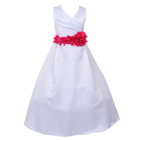 Big Girls White Fuchsia Flower Sash Full Bridal Junior Bridesmaid Dress 16 - SophiasStyle.com