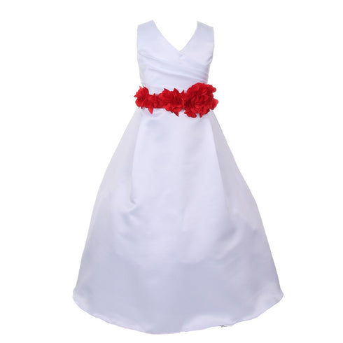 Big Girls White Red Flower Sash Full Bridal Junior Bridesmaid Dress 16 - SophiasStyle.com