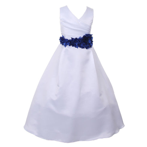 Big Girls White Royal Blue Flower Sash Full Bridal Junior Bridesmaid Dress 16 - SophiasStyle.com