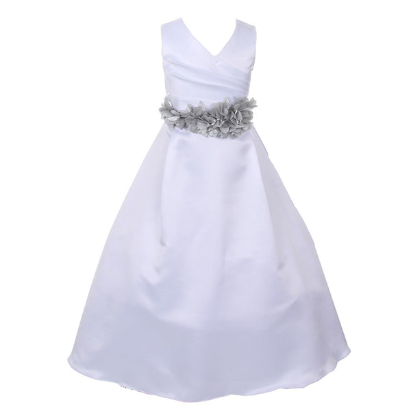 Little Girls White Silver Flower Sash Full Length Bridal Flower Girl Dress 6 - SophiasStyle.com