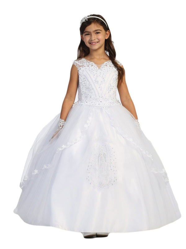 Big Girls White Lace Rhinestone Tulle Embroidered Communion Dress 7-18 - SophiasStyle.com