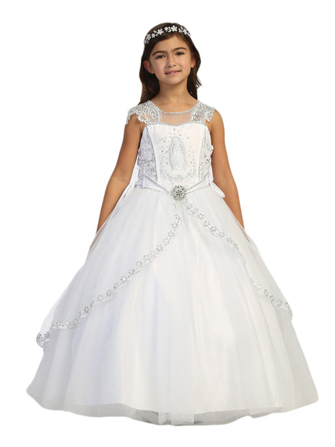 Big Girls White Embroidered Lace Split Skirt Virgin Mary Communion Dress 7-18 - SophiasStyle.com