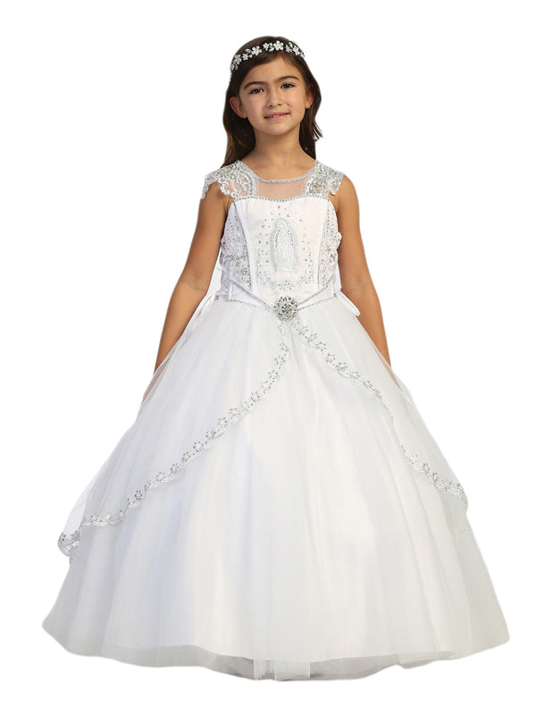 Big Girls White Embroidered Lace Split Skirt Virgin Mary Communion Dress 7-18 - SophiasStyle.com
