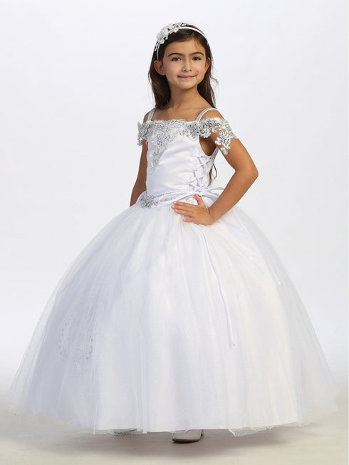 Big Girl White Off Shoulder Metallic Lace Tulle Communion Dress 7-18 - SophiasStyle.com