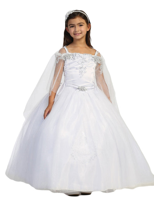 Big Girl White Off Shoulder Metallic Lace Tulle Communion Dress 7-18 - SophiasStyle.com