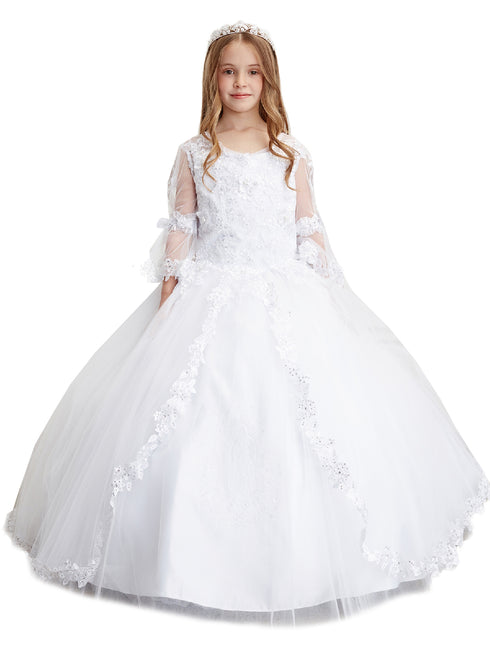 Tip Top Kids Big Girls White Lace Tulle Sleeve Communion Dress 7-18 - SophiasStyle.com