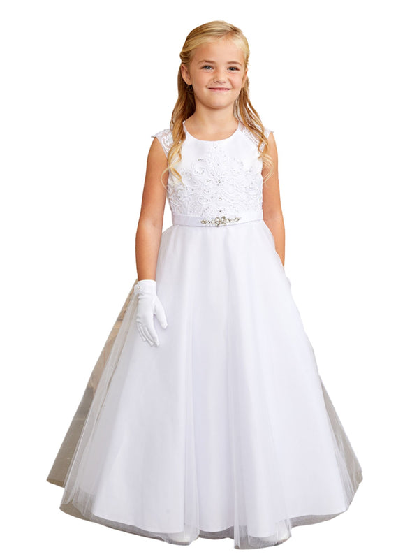Tip Top Kids Girls White Lace Satin Tulle Communion Special Occasion Dress, Sizes 7-18 - SophiasStyle.com