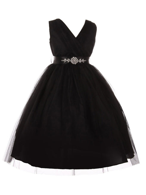 Little Girls Black Rhinestone Satin Sash V-Neck Tulle Flower Girl Dress 2-6 - SophiasStyle.com