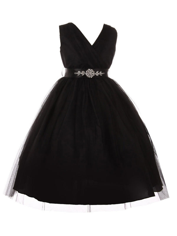 Little Girls Black Rhinestone Satin Sash V-Neck Tulle Flower Girl Dress 2-6 - SophiasStyle.com