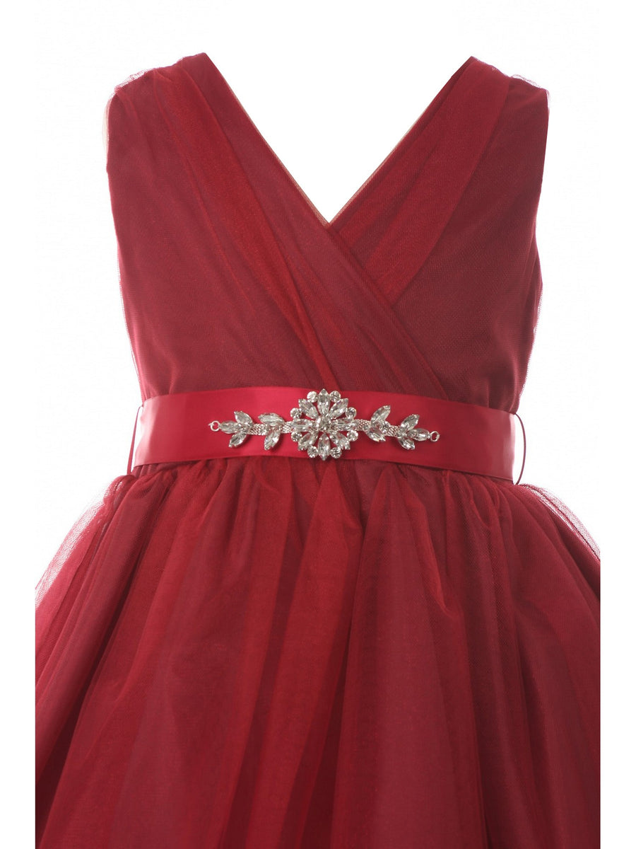 Big Girls Burgundy Rhinestone Satin Sash Tulle Junior Bridesmaid Dress –  SophiasStyle.com