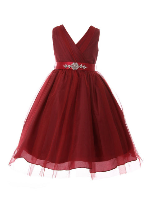 Little Girls Burgundy Rhinestone Satin Sash V-Neck Tulle Flower Girl Dress 2-6 - SophiasStyle.com