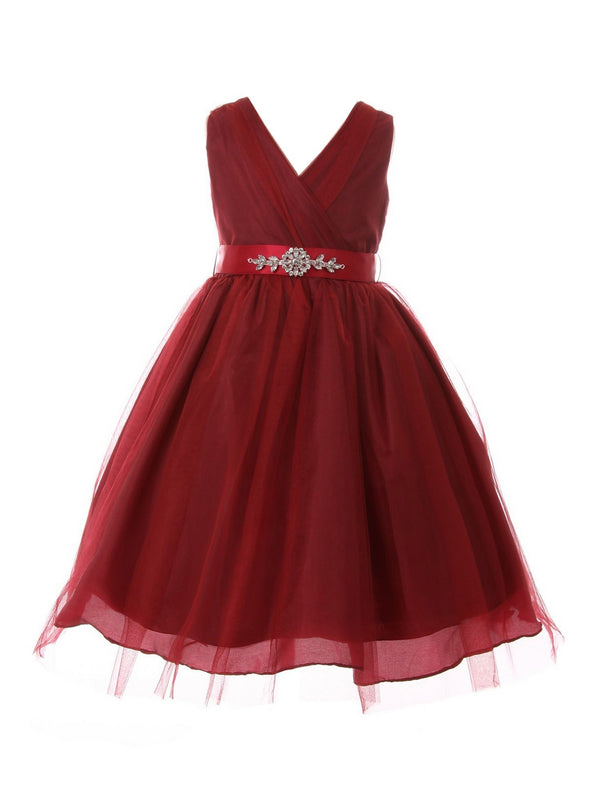 Little Girls Burgundy Rhinestone Satin Sash V-Neck Tulle Flower Girl Dress 2-6 - SophiasStyle.com