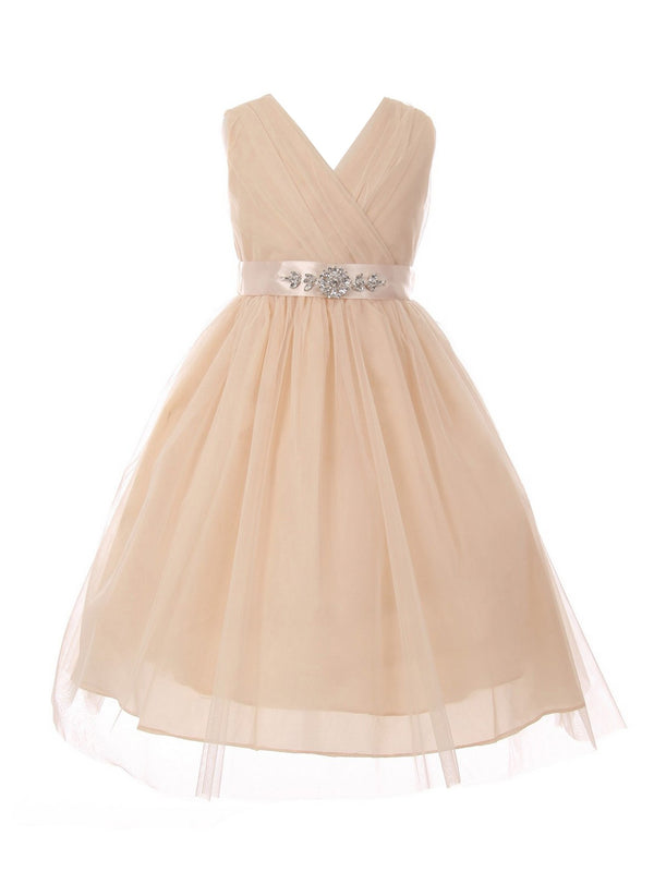 Little Girls Champagne Rhinestone Satin Sash V-Neck Tulle Flower Girl Dress 2-6 - SophiasStyle.com