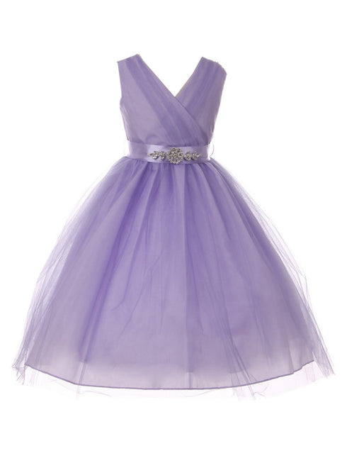 Little Girls Lilac Rhinestone Satin Sash V-Neck Tulle Flower Girl Dress 2-6 - SophiasStyle.com
