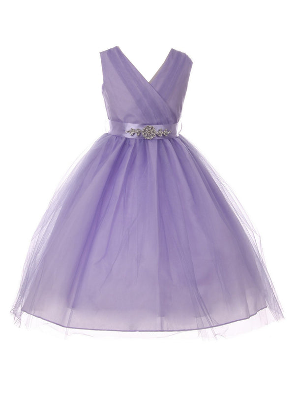 Little Girls Lilac Rhinestone Satin Sash V-Neck Tulle Flower Girl Dress 2-6 - SophiasStyle.com