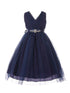 Big Girls Navy Rhinestone Satin Sash V-Neck Tulle Junior Bridesmaid Dress 8-14 - SophiasStyle.com