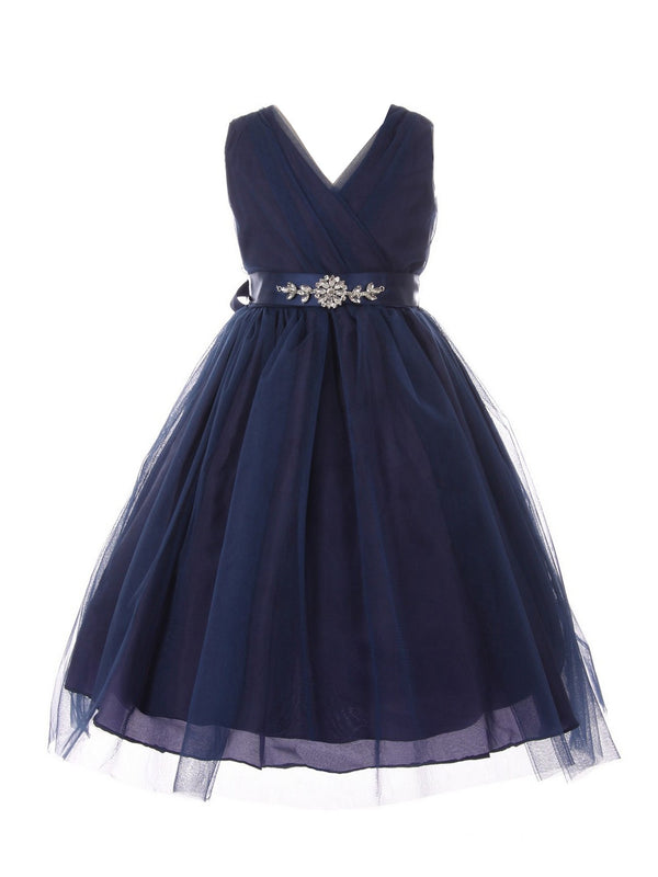 Big Girls Navy Rhinestone Satin Sash V-Neck Tulle Junior Bridesmaid Dress 8-14 - SophiasStyle.com