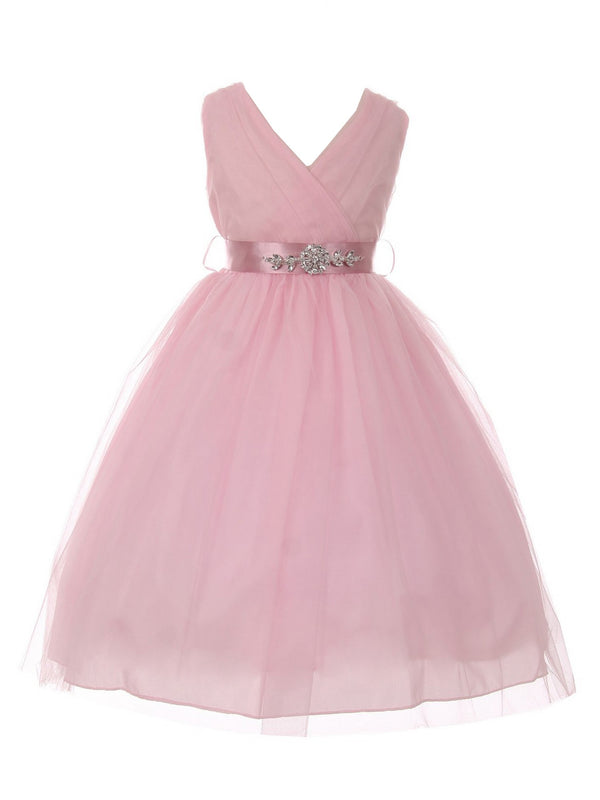 Big Girls Pink Rose Rhinestone Satin Sash Tulle Junior Bridesmaid Dress 8-14 - SophiasStyle.com