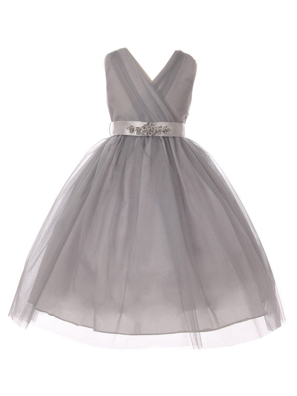 Big Girls Silver Rhinestone Satin Sash V-Neck Tulle Junior Bridesmaid Dress 8-14 - SophiasStyle.com