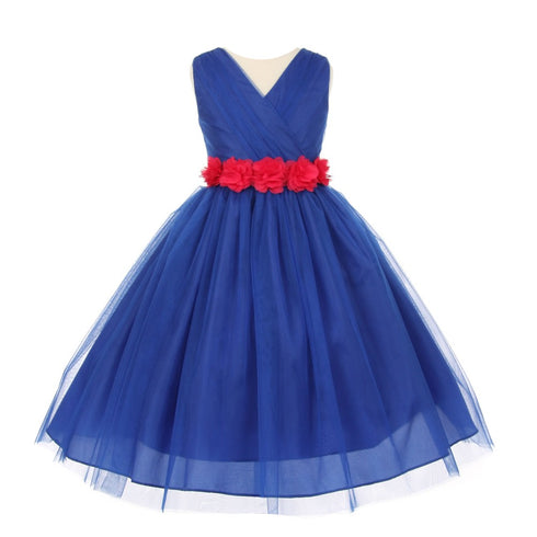 Little Girls Royal Blue Fuchsia Chiffon Floral Sash Tulle Flower Girl Dress 2-6 - SophiasStyle.com