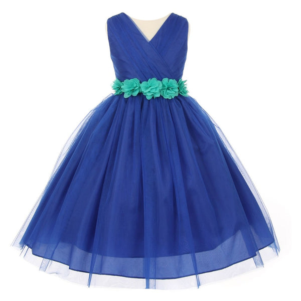 Little Girls Royal Blue Jade Chiffon Floral Sash Tulle Flower Girl Dress 2-6 - SophiasStyle.com