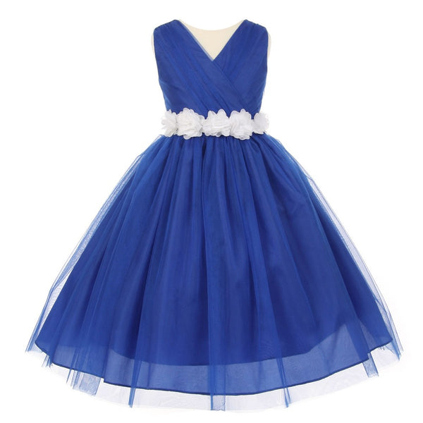 Big Girls Royal Blue White Chiffon Flowers Tulle Junior Bridesmaid Dress 8-14 - SophiasStyle.com