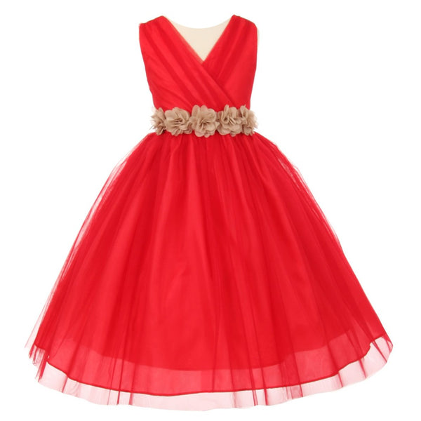 Big Girls Red Champagne Chiffon Flowers Tulle Junior Bridesmaid Dress 8-14 - SophiasStyle.com