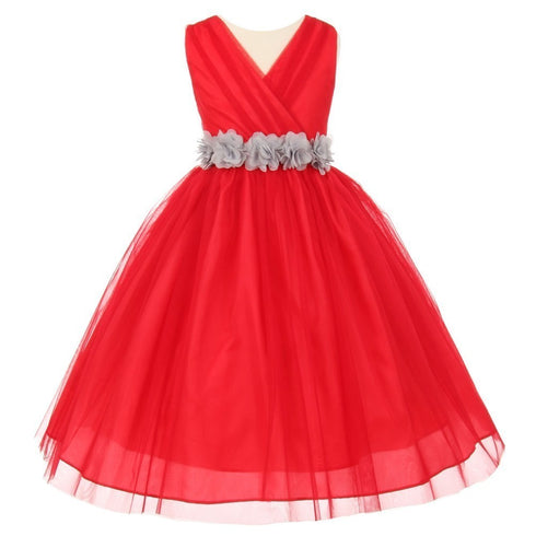 Little Girls Red Silver Chiffon Floral Sash Tulle Flower Girl Dress 2-6 - SophiasStyle.com