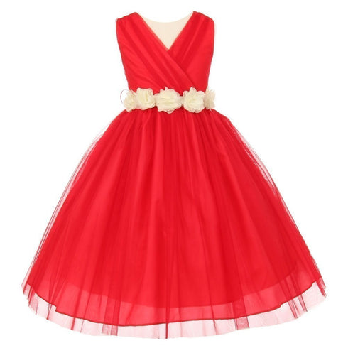 Little Girls Red Ivory Chiffon Floral Sash Tulle Flower Girl Dress 2-6 - SophiasStyle.com