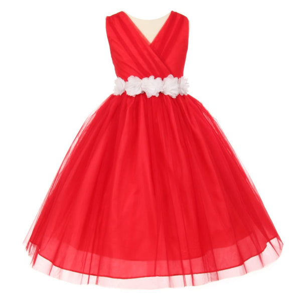 Big Girls Red White Chiffon Flowers Tulle Junior Bridesmaid Dress 8-14 - SophiasStyle.com