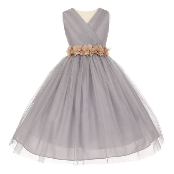 Little Girls Silver Champagne Chiffon Floral Sash Tulle Flower Girl Dress 2-6 - SophiasStyle.com