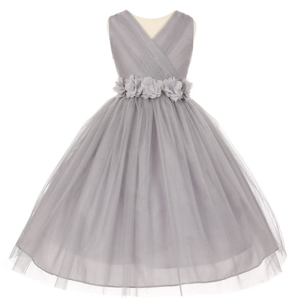 Little Girls Silver Chiffon Floral Sash Shiny Tulle Flower Girl Dress 2-6 - SophiasStyle.com