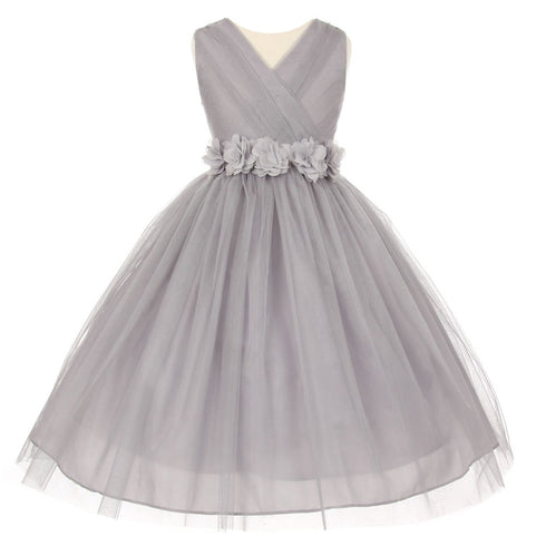 Big Girls Silver Chiffon Flowers Shiny Tulle Junior Bridesmaid Dress 8-14 - SophiasStyle.com