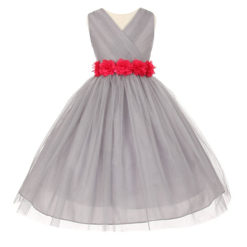 Little Girls Silver Fuchsia Chiffon Floral Sash Tulle Flower Girl Dress 2-6 - SophiasStyle.com