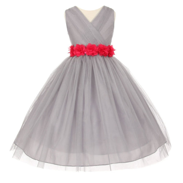Big Girls Silver Fuchsia Chiffon Flowers Tulle Junior Bridesmaid Dress 8-14 - SophiasStyle.com