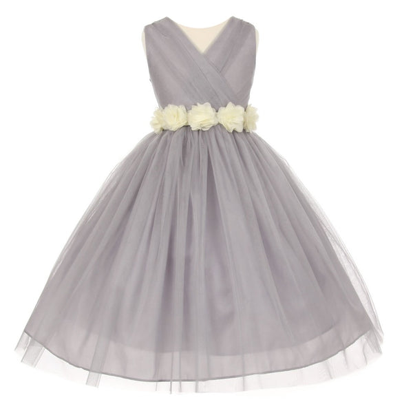 Little Girls Silver Ivory Chiffon Floral Sash Tulle Flower Girl Dress 2-6 - SophiasStyle.com