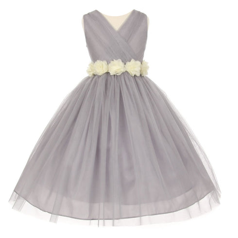 Big Girls Silver Ivory Chiffon Flowers Tulle Junior Bridesmaid Dress 8-14 - SophiasStyle.com