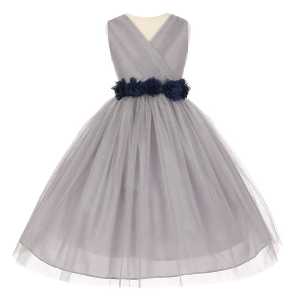 Little Girls Silver Navy Chiffon Floral Sash Tulle Flower Girl Dress 2-6 - SophiasStyle.com