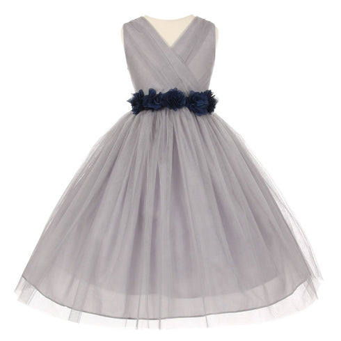 Big Girls Silver Navy Chiffon Flowers Tulle Junior Bridesmaid Dress 8-14 - SophiasStyle.com