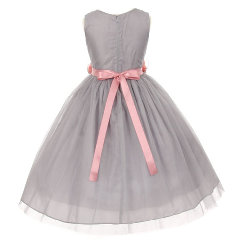 Big Girls Silver Pink Chiffon Flowers Tulle Junior Bridesmaid Dress 8-14 - SophiasStyle.com