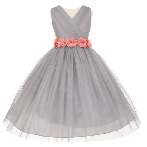Big Girls Silver Pink Chiffon Flowers Tulle Junior Bridesmaid Dress 8-14 - SophiasStyle.com