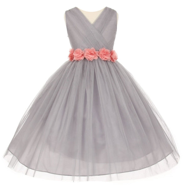 Big Girls Silver Pink Chiffon Flowers Tulle Junior Bridesmaid Dress 8-14 - SophiasStyle.com