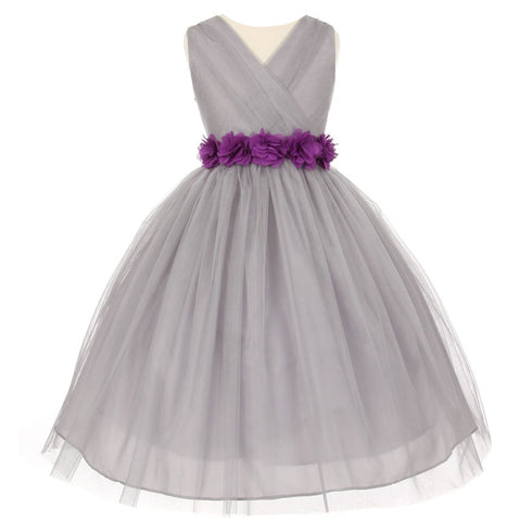 Big Girls Silver Purple Chiffon Flowers Tulle Junior Bridesmaid Dress 8-14 - SophiasStyle.com