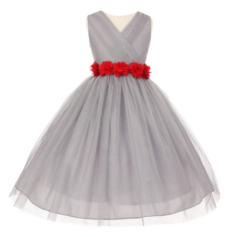Little Girls Silver Red Chiffon Floral Sash Tulle Flower Girl Dress 2-6 - SophiasStyle.com