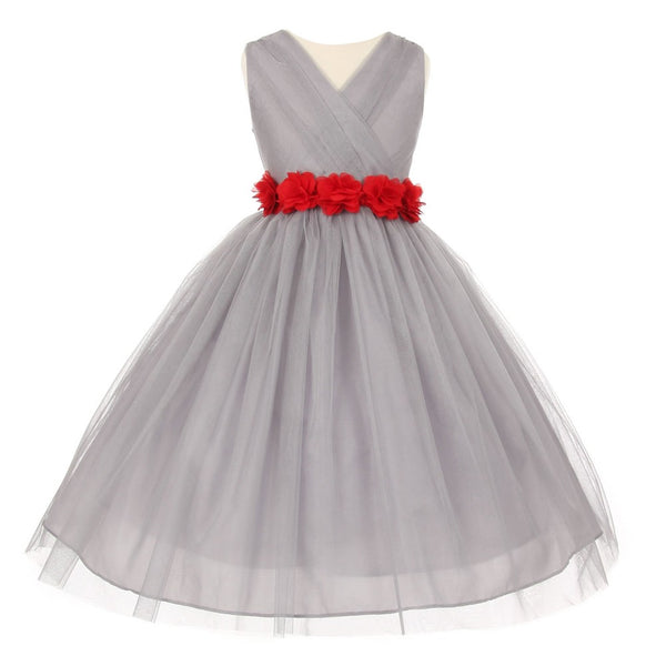 Big Girls Silver Red Chiffon Flowers Tulle Junior Bridesmaid Dress 8-14 - SophiasStyle.com